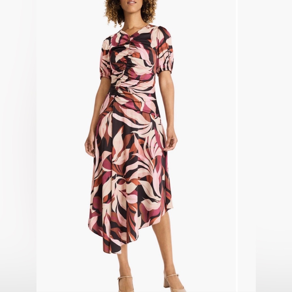 Maggy London printed ruched asymmetrical midi dress